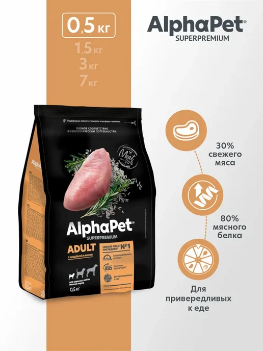 Сухой корм AlphaPet Superpremium для собак, мелкие, индейка, 0,5 кг