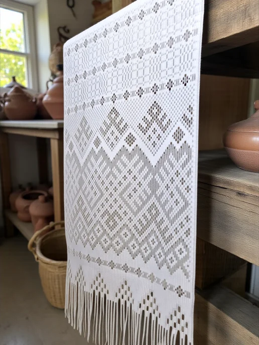 Рушник льняной со славянским орнаментом большой 205 см, белый