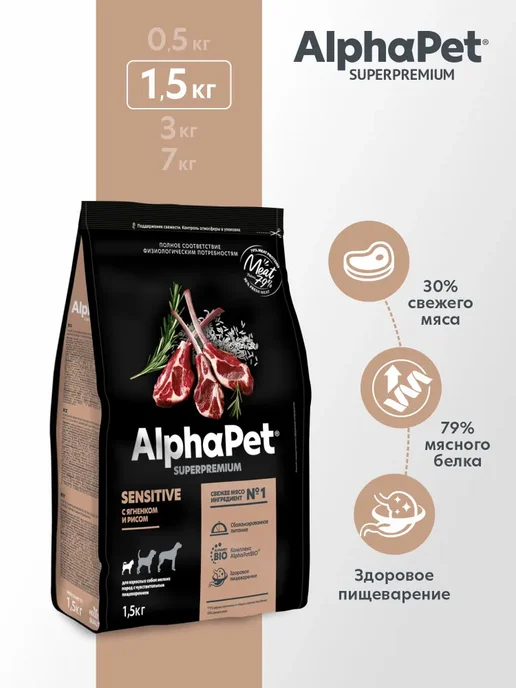 Сухой корм AlphaPet Superpremium для собак, мелкие, ягненок, 1,5 кг