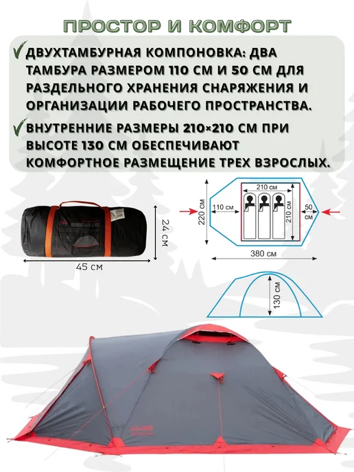 Tramp Палатка Экспедиционная Трэмп Mountain 3 (V2), серый, фото 3