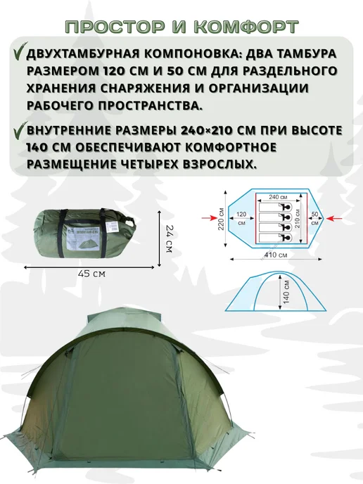 Tramp Палатка Экспедиционная Трэмп Mountain 4 (V2) Green, зеленый, фото 3