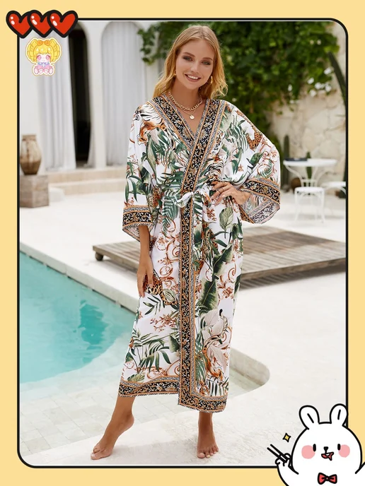 Парео универсальное хлопковое, цветочный принт, черный, фото 6