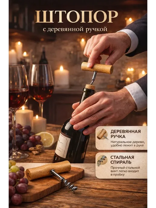 OLBYDI1 Штопор для вина механический прочный с деревянной ручкой, серый, фото 2