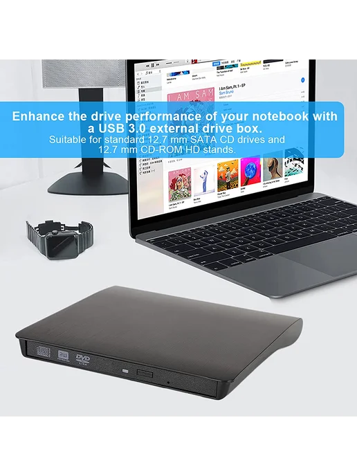 Внешний оптический привод USB 3.0 для SATA DVD CD-RW (чёрный, черный, фото 7