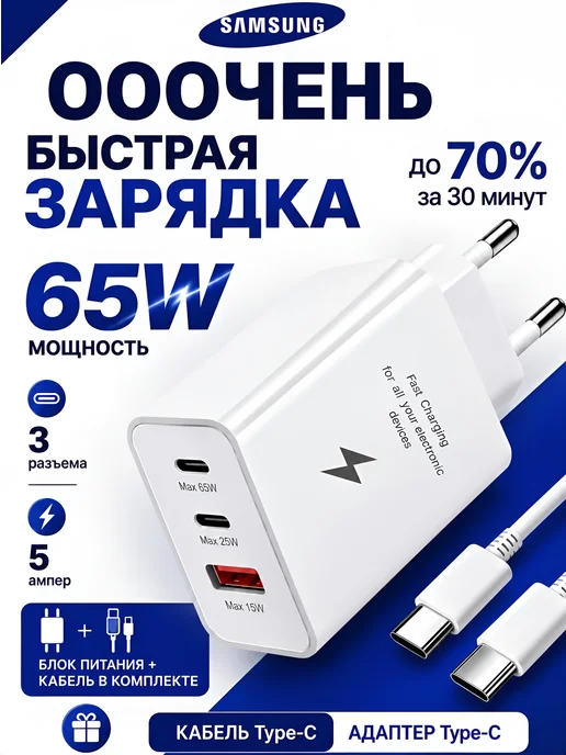 MiKiN Зарядное устройство Samsung type-c 65W Быстрая зарядка, 65 Вт