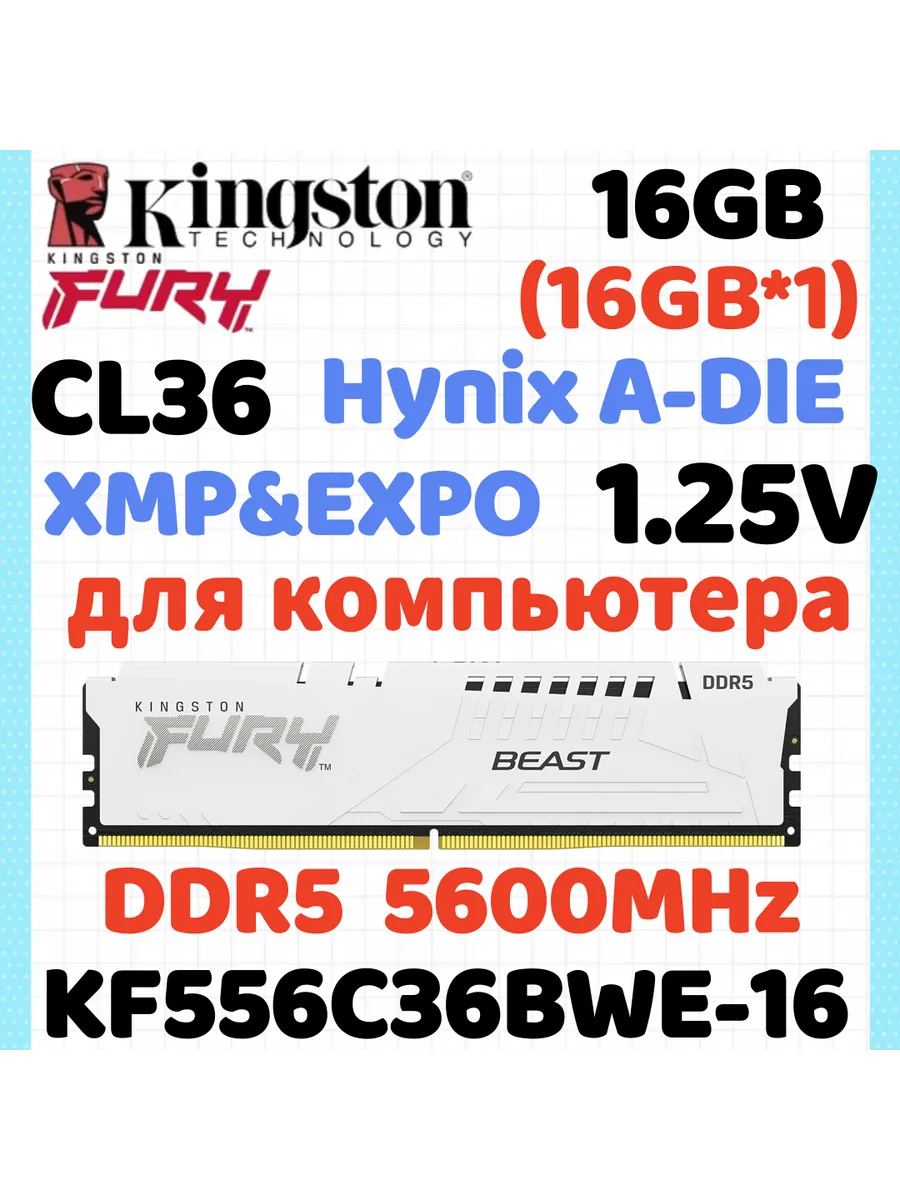 Kingston Fury Модуль памяти DDR5 5600МГЦ белый 16ГБ *1 16ГБ(Hynix A-die C3…
