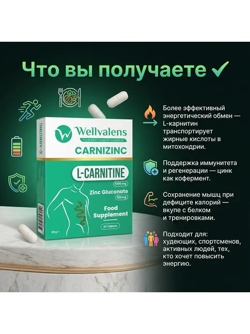 wellvalens L Карнитин 1000 мг для похудения, Цинк 50mg, жиросжигатель, вариант, фото 2