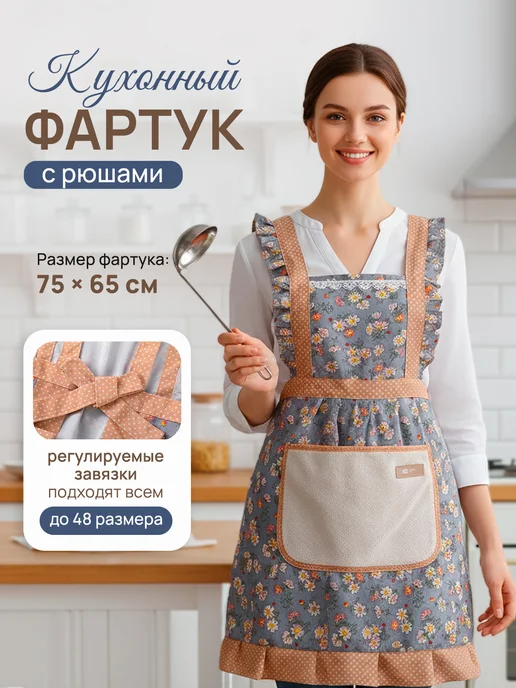 Все для кухни Ретро фартук кухонный хлопковый с рюшами и карманом, синий