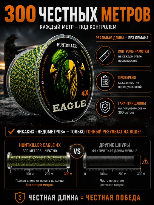 HuntKiller Плетеный шнур для рыбалки 300 м 0.20 мм плетенка 4 жильная, 300 м, фото 3