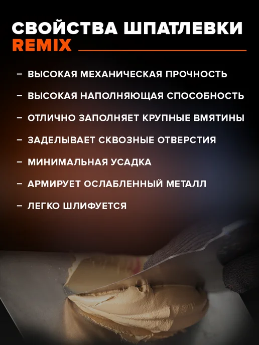 Remix Шпатлевка автомобильная стекловолокно для ремонта машины, зеленый, в упаковке 950 г, фото 2