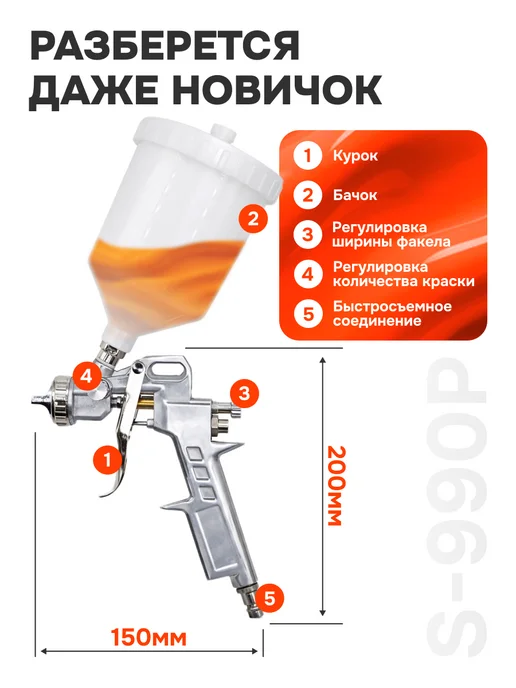 KPD SYSTEM Краскопульт пневматический для компрессора 1.3 мм верхний, вариант, фото 2