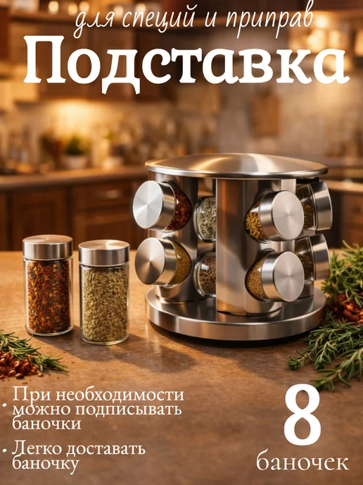 SHEK SHOP Подставка органайзер для специй 8 баночек нержавеющая сталь, серый