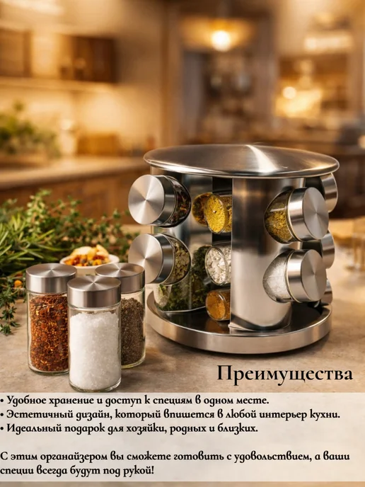 SHEK SHOP Подставка органайзер для специй 8 баночек нержавеющая сталь, серый, фото 4