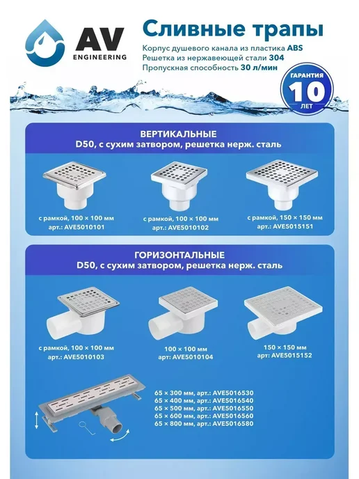 AV engineering Сливной трап для душа вертикальный с сухим затвором, белый, фото 3