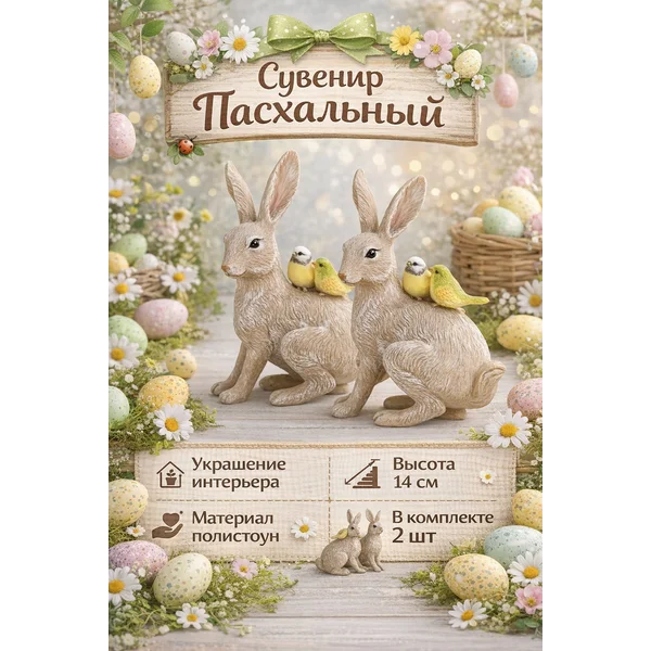 Сувенир полистоун Кролик с синичками на спине набор 2 шт
