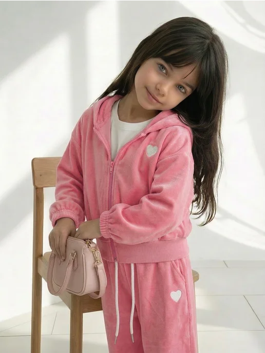 MonAleon for kids Костюм спортивный велюровый для малышки, розовый, фото 4