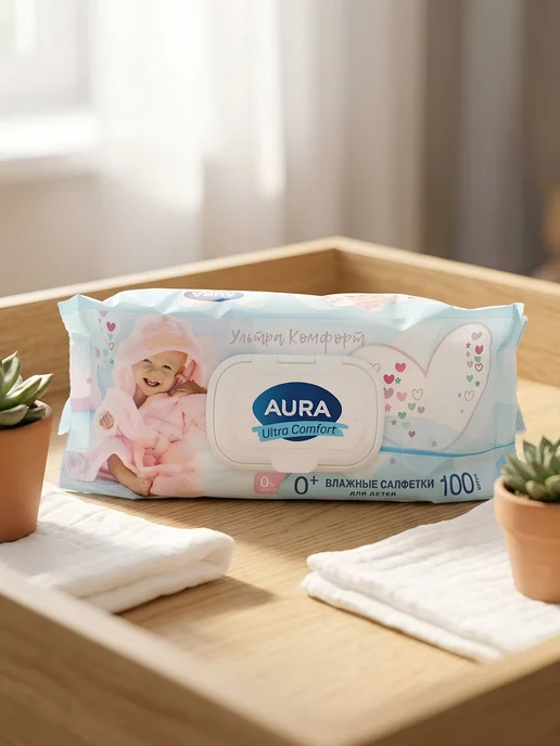 Aura Детские влажные салфетки с алоэ и витамином Е 120 штук, 100 шт, фото 3