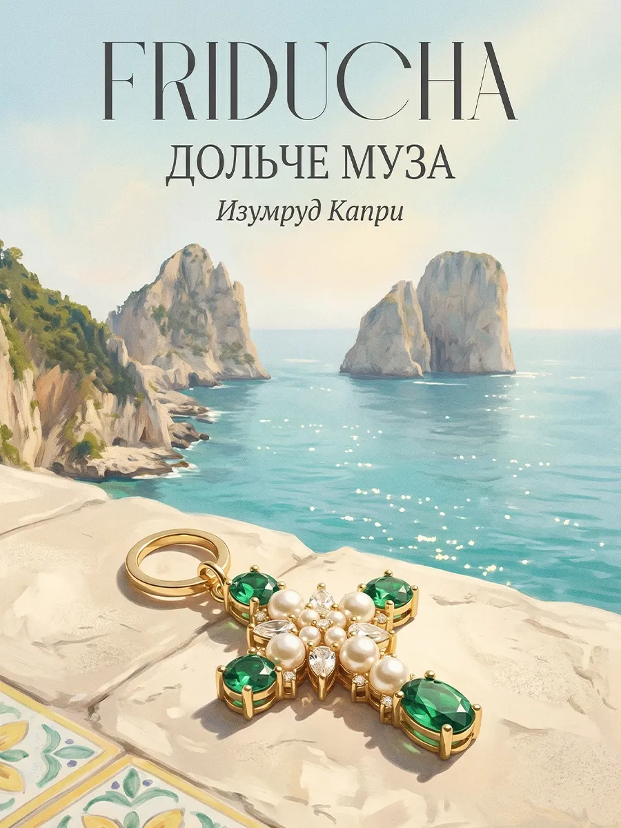 Подвеска «Изумруд Капри», крест Swarovski, позолота