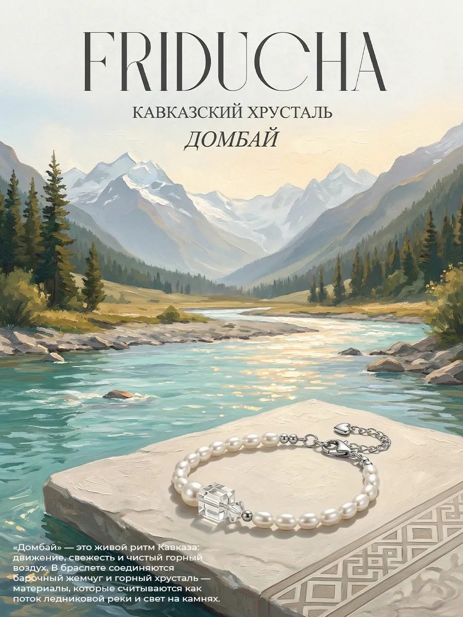 Браслет «Домбай», жемчужно-серый, родий