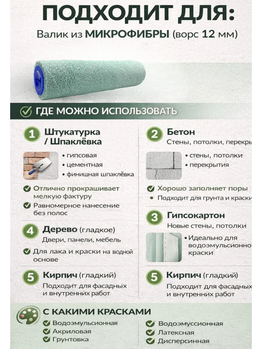 Шубка для валика малярная 250×48 мм, ворс 12 мм,Бело-зеленый, 250x48 мм, зеленый, фото 2