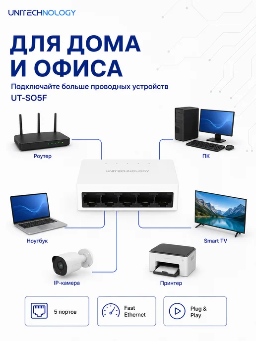 Коммутатор сетевой (свитч), 5 портов, 100 Mбит с, вариант, фото 2