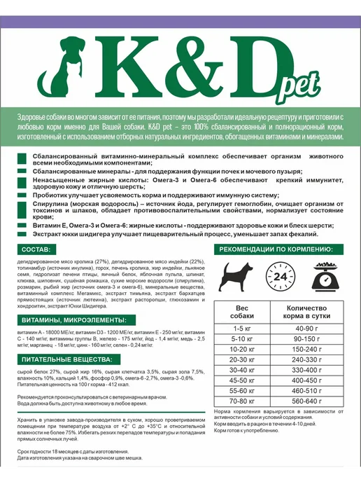 Сухой корм K&D pet для собак, беззерновой, мелкие, кролик, 4 кг, фото 2