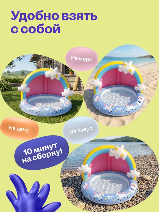 oceansey Бассейн надувной детский круглый с крышей радуга, голубой, фото 6