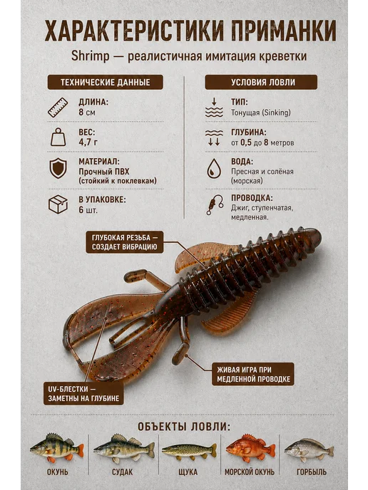 Нет бренда Мягкая тонущая приманка Креветка Shrimp 8см, 4.7г, 6шт, 4,7 г, 6 шт, фото 2