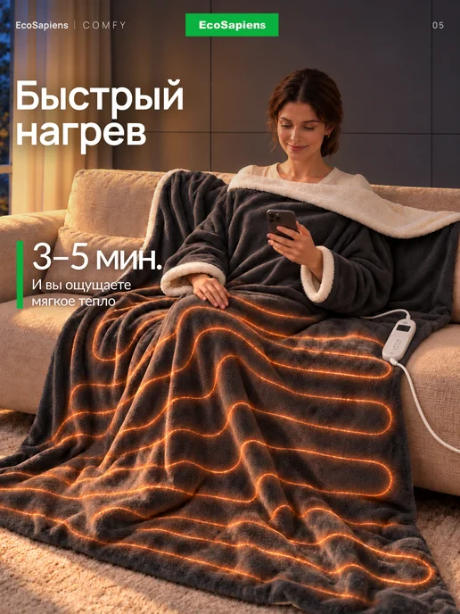 EcoSapiens Электрический плед с рукавами COMFY, 195х125 см, 195x125 см, фото 5