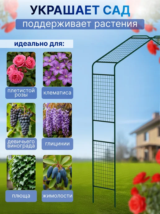 ТПК "ВЕСНА" Арка садовая металлическая для роз форма "домик" Сетка, зеленый, фото 5