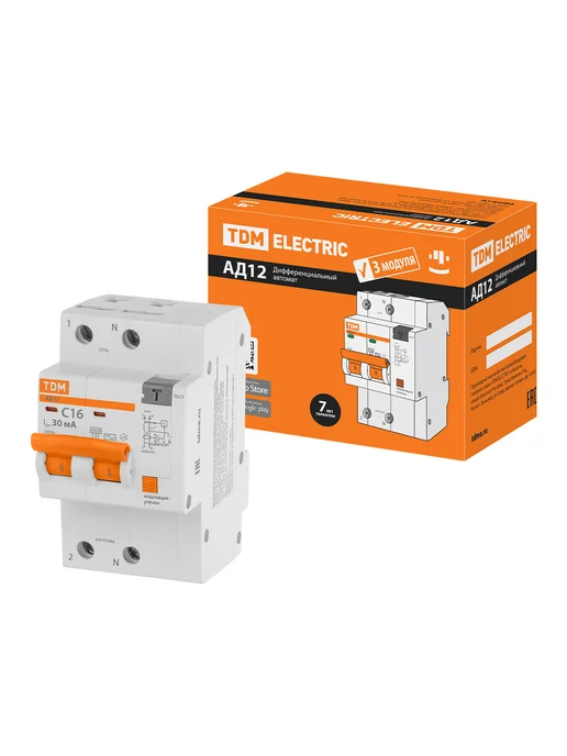 TDM Electric Дифференциальный автомат АД12 2P, C16, 30 мА, 3 модуля, белый, фото 8