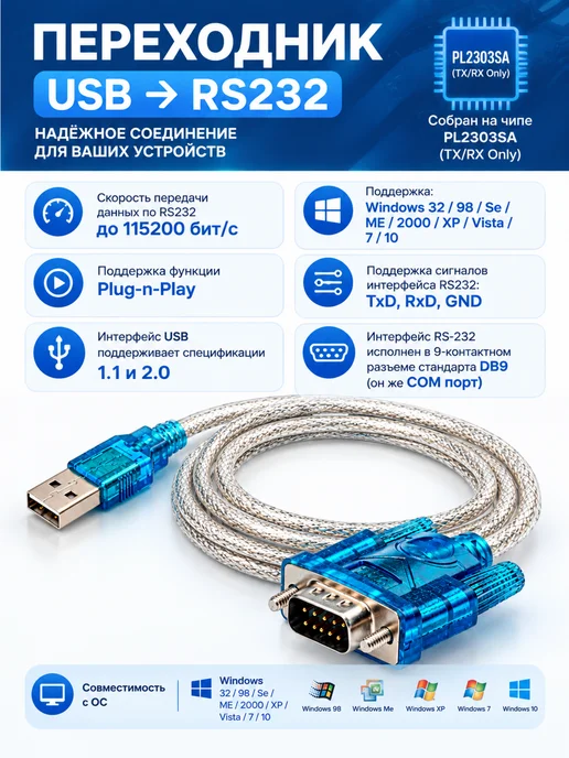 Кабель - переходник USB2.0 - RS232 (DB9), папа-папа, 1,5м, 1,5 м, в упаковке 60 г, фото 2