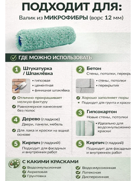 Валик-шубка малярная мини 100×15 мм, ворс 12мм, микрофибра, 100x15 мм, фото 2