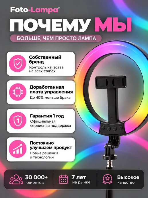 Foto-lampa Кольцевая лампа RGB 26 см со штативом, черный, фото 6