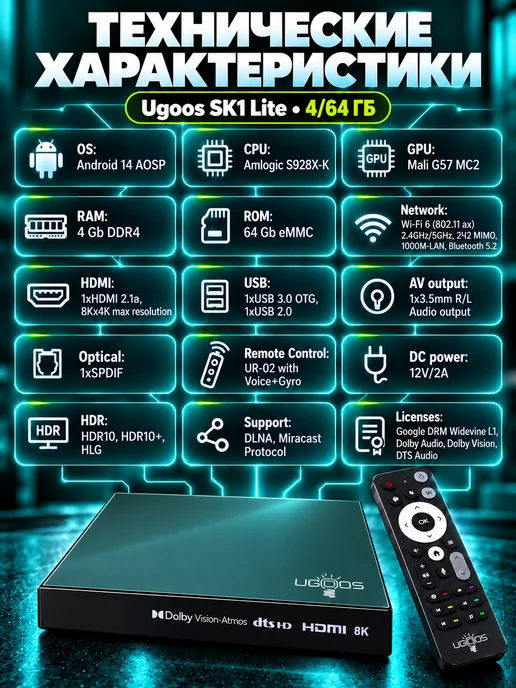 Ugoos Android ТВ приставка SK1 lite 4 64 YouTube 4000 каналов, черный, фото 5