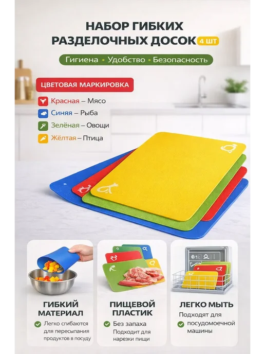 ROZA BRAND Набор гибких разделочных досок для кухни, 4 шт