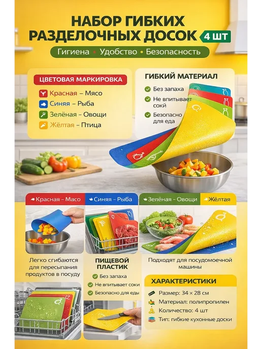 ROZA BRAND Набор гибких разделочных досок для кухни, 4 шт, фото 2