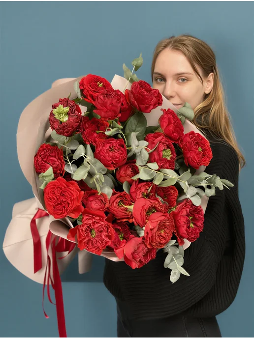ROZA4U Букет живых цветов 21 пионовидная роза Ред Монстер, красный, фото 3