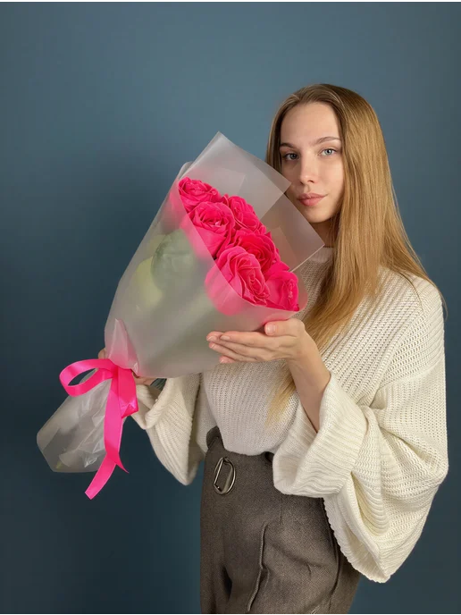 ROZA4U Букет живых цветов из 7 малиновых роз Пинк Флойд 60 см, розовый, фото 3