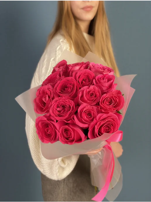 ROZA4U Букет живых цветов из 15 малиновых роз Пинк Флойд 60 см, розовый, фото 2