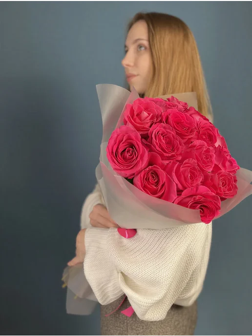 ROZA4U Букет живых цветов из 15 малиновых роз Пинк Флойд 60 см, розовый, фото 4