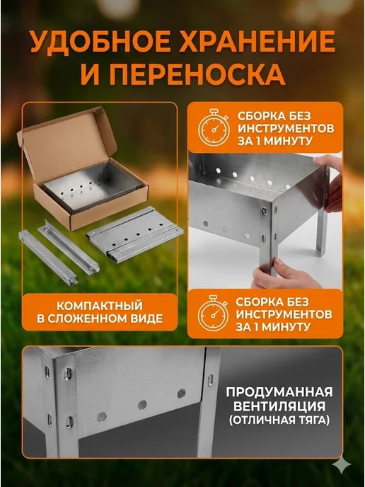 Grinda Мангал сборный походный 30х25 см Складной для шашлыка, 30x25 см, фото 2