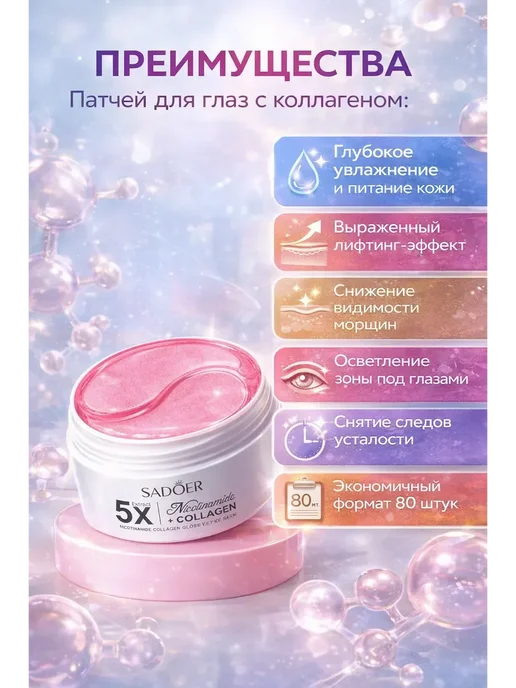 Ани7 Гидрогелевые патчи для глаз SADOER 5X с никотинамидом, 80 шт, фото 2