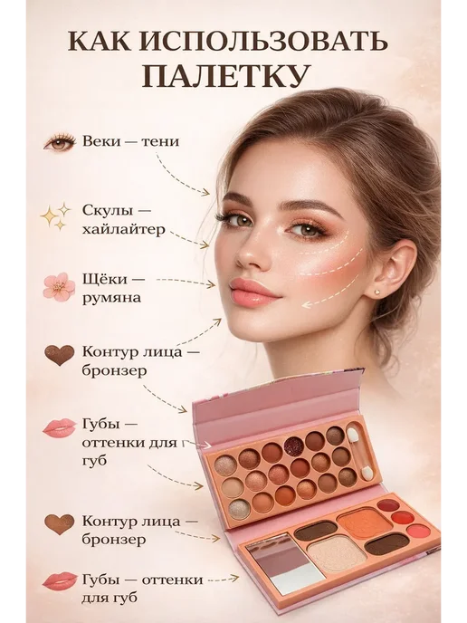 МИР77 Набор косметики палетка теней румян и хайлайтера с зеркалом, розовый, фото 3