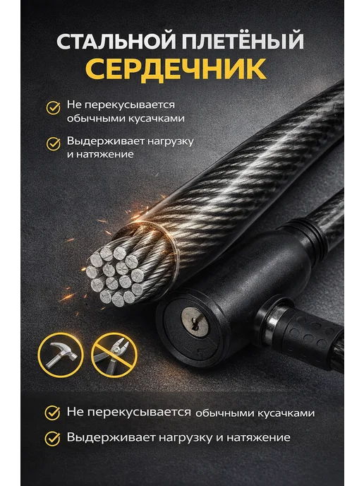 Тросовый замок с ключом для велосипеда, вариант, фото 4