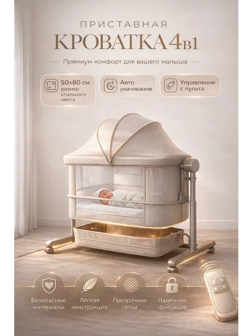 Колыбель приставная для новорожденных электронная кроватка, бежевый, фото 2