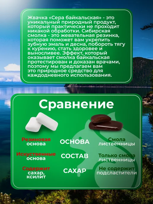 Смолка Байкальская Жевательная резинка Жевательная смола Сера (Классика), 10 шт, фото 3