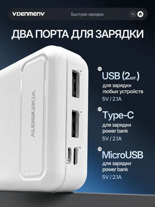 Vdenmenv Повербанк 20000 для телефона андроид внешний аккумулятор, белый, фото 2