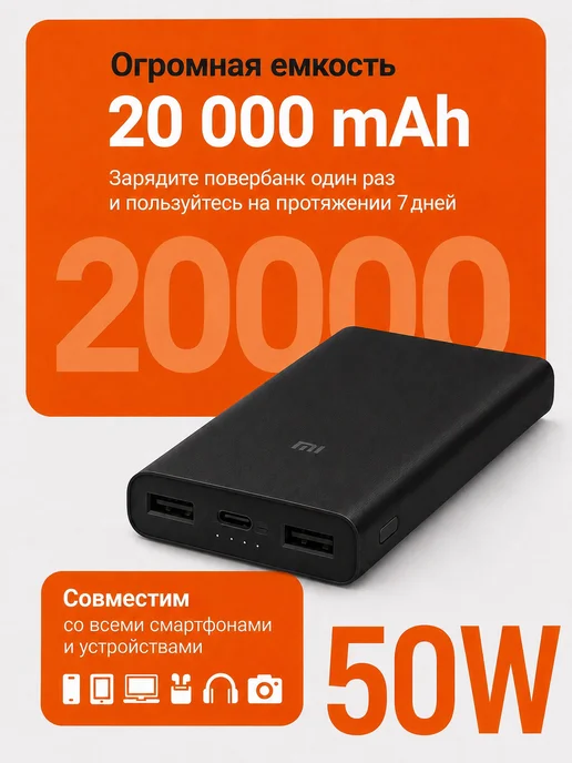 Xiaomi Повербанк 20000 mah внешний аккумулятор Power Bank 3 50W, 20000 мАч, 50 Вт, фото 2