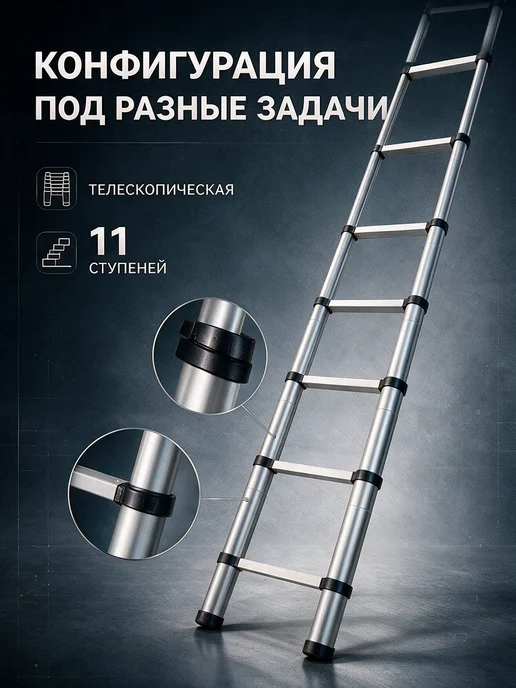 ТЕХПРОМ Универсальная лестница 11 ступеней телескопическая 4,3 м, 4,3 м, фото 3